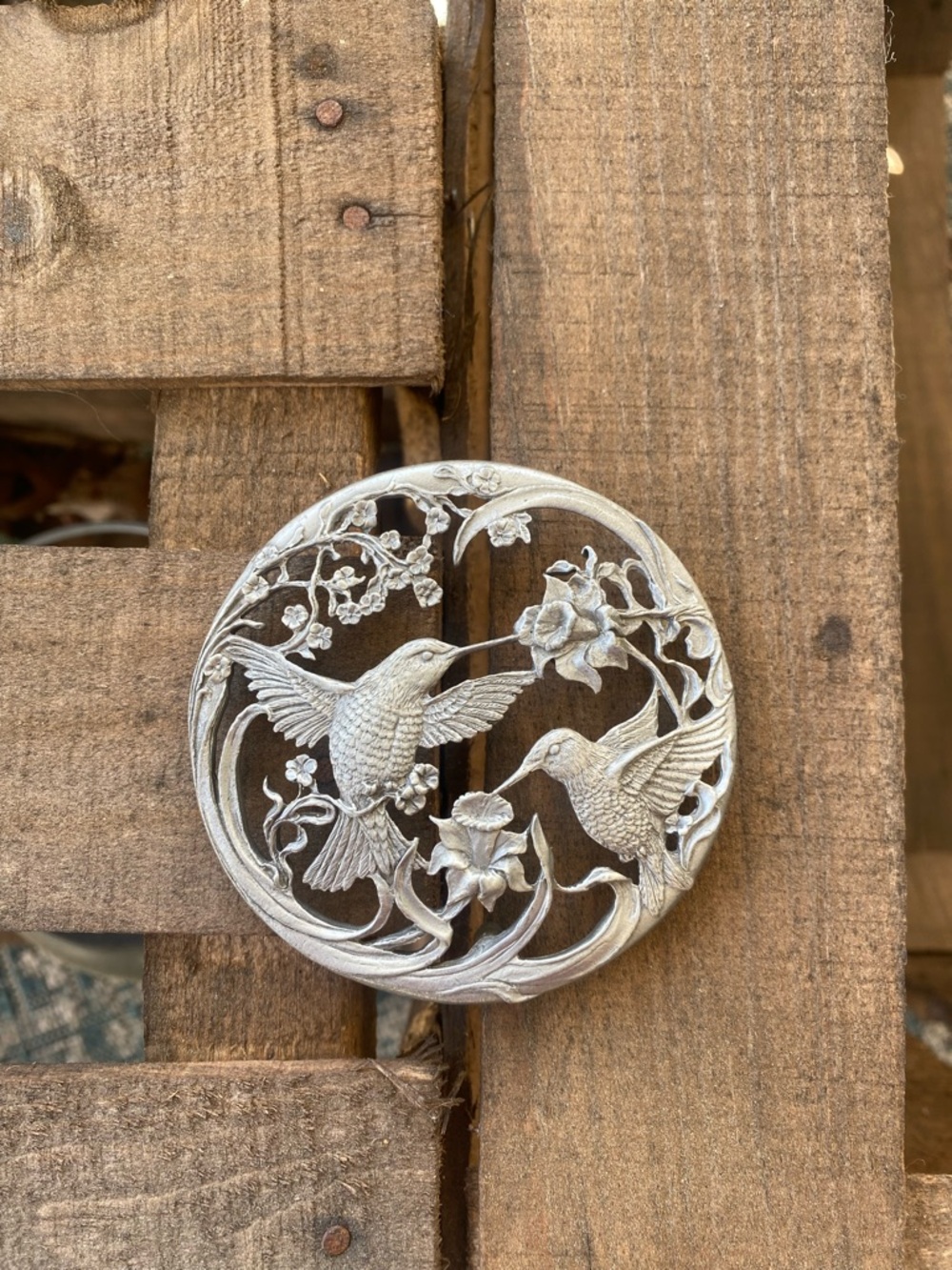 Silver Hummingbird Floral Decorative lid made of pewter